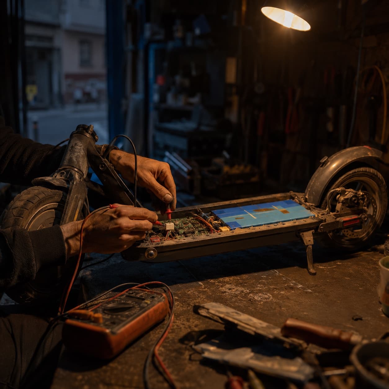 Tezgahta gövdesi açılmış elektrikli scooter'ın bataryasını multimetreyle ölçen usta elleri